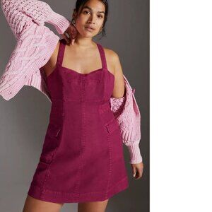 Anthropologie Square Neck Mini Dress Sz 6 Raspberry Pink Linen Apron Cross Back